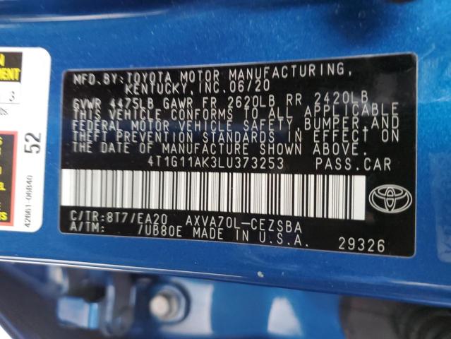 4T1G11AK3LU373253 - 2020 TOYOTA CAMRY SE BLUE photo 13