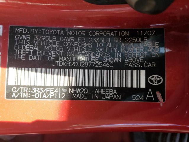 JTDKB20U287725460 - 2008 TOYOTA PRIUS RED photo 12