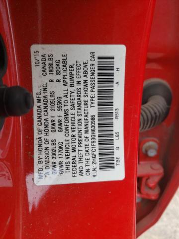 2HGFC1F93GH630986 - 2016 HONDA CIVIC TOURING RED photo 12