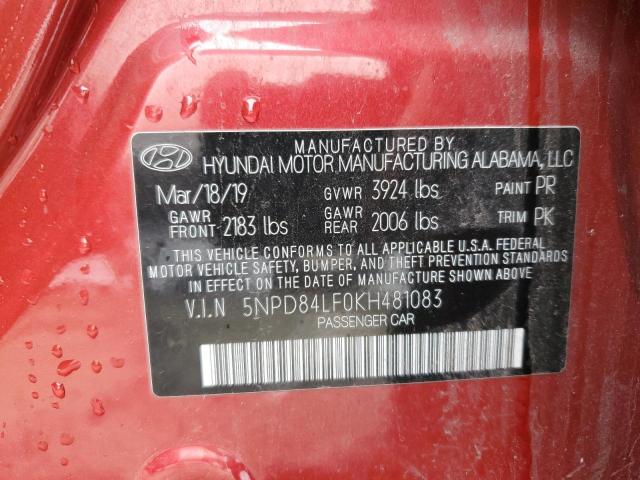 5NPD84LF0KH481083 - 2019 HYUNDAI ELANTRA SEL RED photo 12