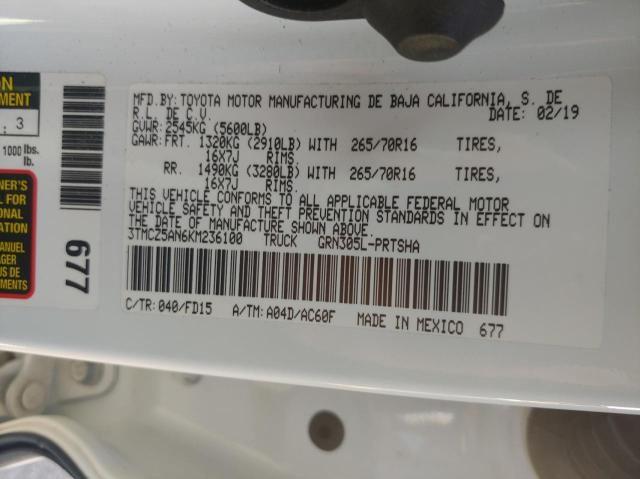 3TMCZ5AN6KM236100 - 2019 TOYOTA TACOMA DOUBLE CAB 白色 照片 10