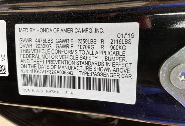 1HGCV1F32KA036342 - 2019 HONDA ACCORD SPORT Қара фото 10