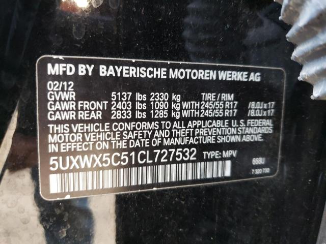 5UXWX5C51CL727532 - 2012 BMW X3 XDRIVE28I BLACK photo 12