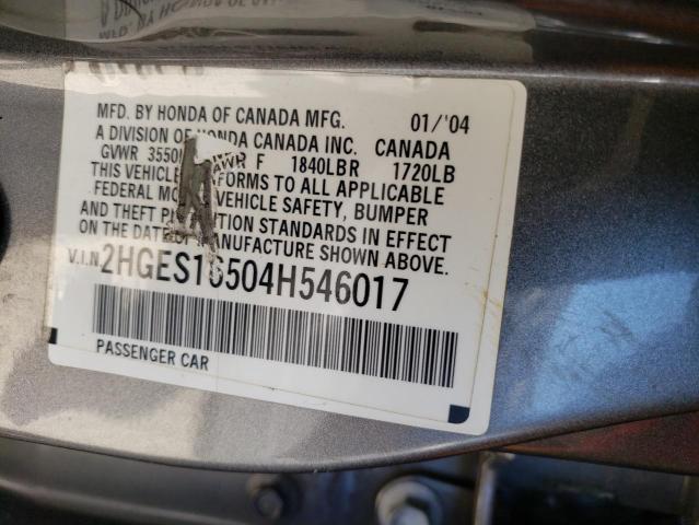 2HGES16504H546017 - 2004 HONDA CIVIC LX GRAY photo 12