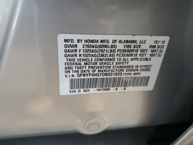 5FNYF4H57DB031925 - 2013 HONDA PILOT EXL SILVER photo 12