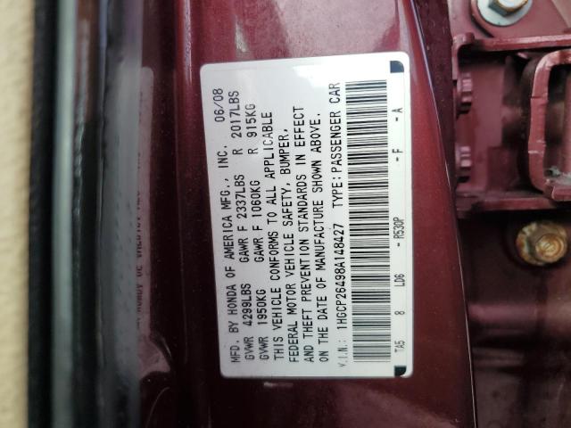 1HGCP26498A148427 - 2008 HONDA ACCORD LXP BURGUNDY photo 12