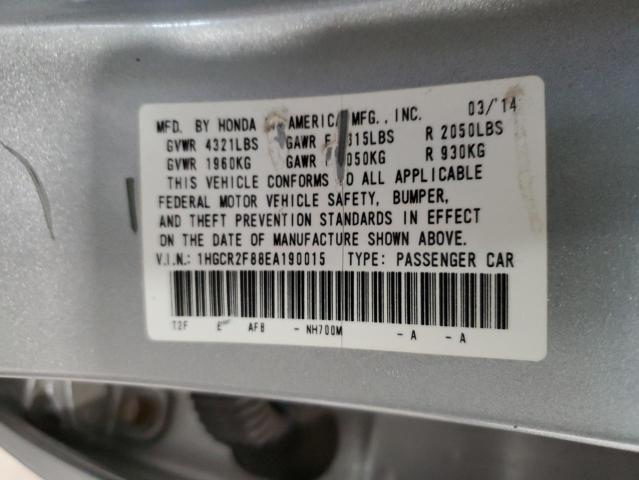 1HGCR2F88EA190015 - 2014 HONDA ACCORD EXL SILVER photo 12