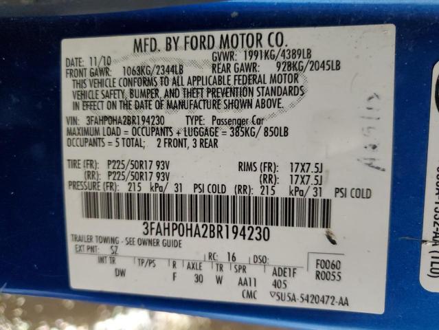 3FAHP0HA2BR194230 - 2011 FORD FUSION SE BLUE photo 12