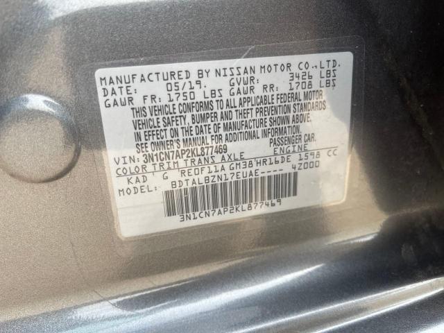 3N1CN7AP2KL877469 - 2019 NISSAN VERSA S GRAY photo 10