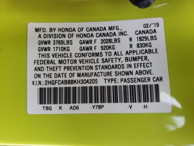 2HGFC4B88KH304205 - 2019 HONDA CIVIC SPORT 黄色 照片 12