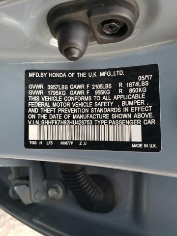 SHHFK7H92HU426753 - 2017 HONDA CIVIC SPORT TOURING GRAY photo 12