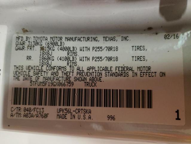 5TFUM5F19GX066759 - 2016 TOYOTA TUNDRA DOUBLE CAB SR/SR5 WHITE photo 12
