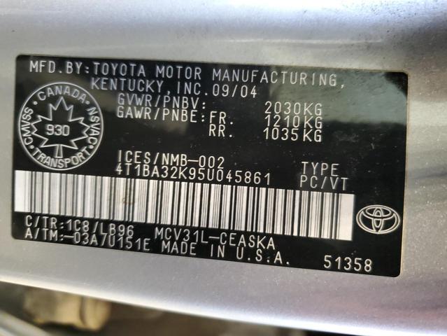 4T1BA32K95U045861 - 2005 TOYOTA CAMRY SE SILVER photo 12