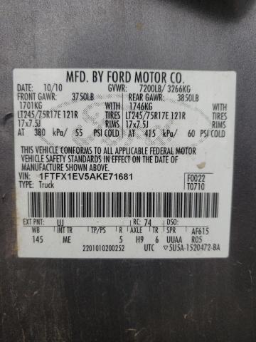 1FTFX1EV5AKE71681 - 2010 FORD F150 SUPER CAB GRAY photo 12