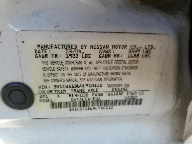 3N1CB51D64L910110 - 2004 NISSAN SENTRA 1.8 WHITE photo 12