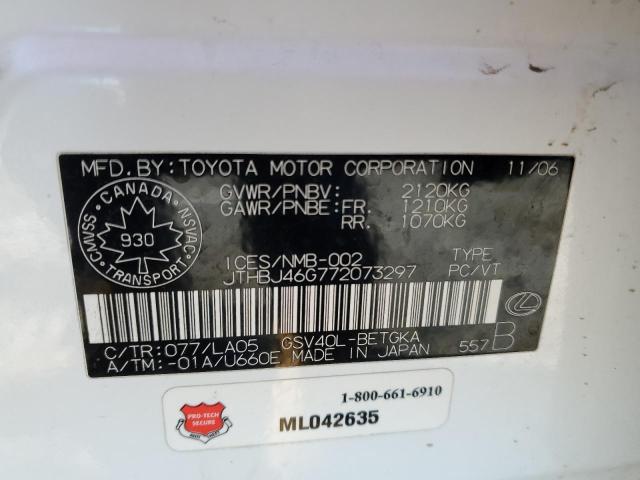 JTHBJ46G772073297 - 2007 LEXUS ES 350 WHITE photo 12