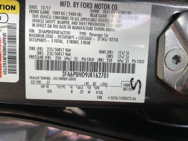 3FA6P0HD9JR162701 - 2018 FORD FUSION SE GRAY photo 10