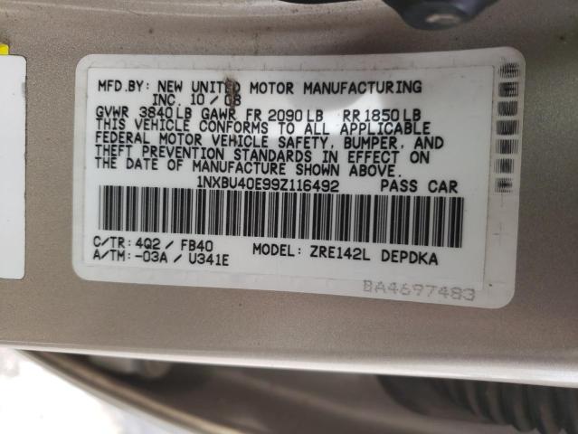 1NXBU40E99Z116492 - 2009 TOYOTA COROLLA BASE BEIGE photo 12