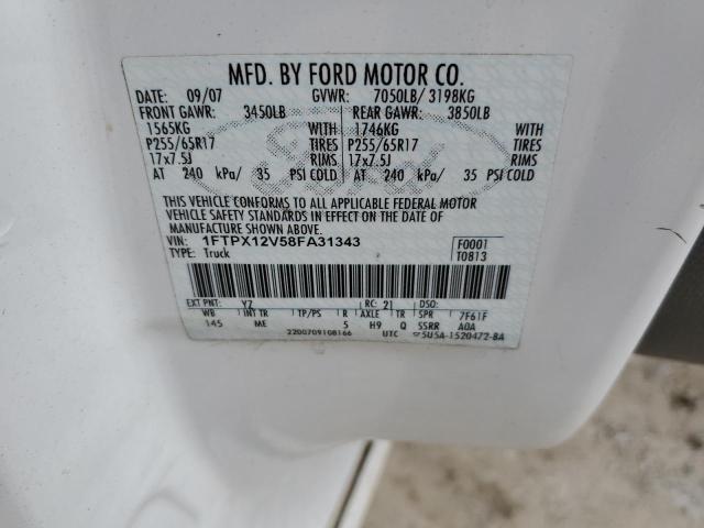 1FTPX12V58FA31343 - 2008 FORD F150 WHITE photo 12