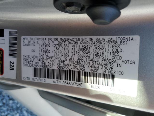3TMJU62N58M066976 - 2008 TOYOTA TACOMA DOUBLE CAB PRERUNNER SILVER photo 12