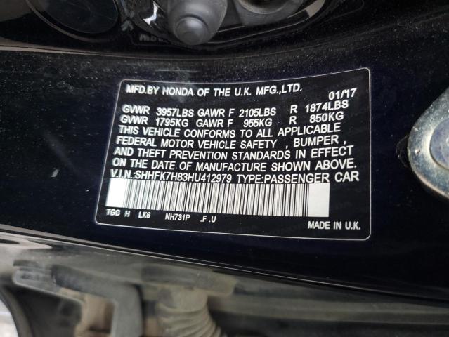 SHHFK7H83HU412979 - 2017 HONDA CIVIC EXL შავი ფოტო 12