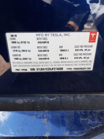 5YJSA1E28JF274099 - 2018 TESLA MODEL S Կապույտ լուսանկար 13