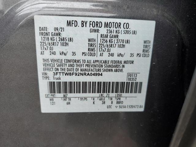 3FTTW8F92NRA04994 - 2022 FORD MAVERICK XL CHARCOAL photo 13