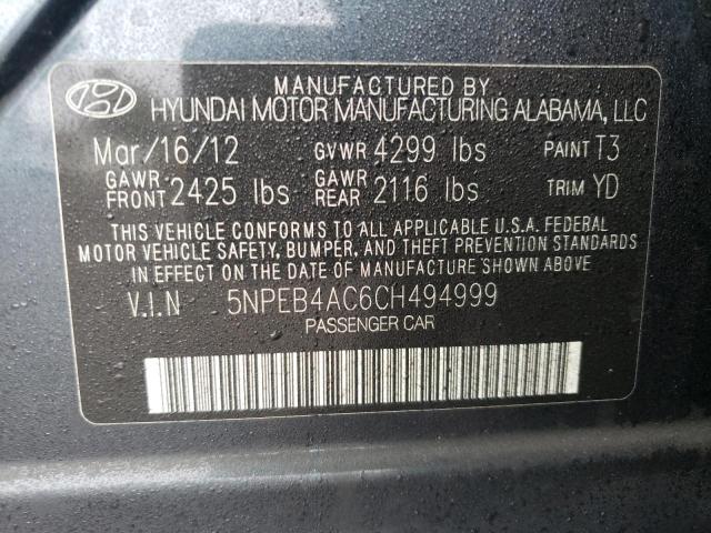 5NPEB4AC6CH494999 - 2012 HYUNDAI SONATA GLS BLACK photo 12