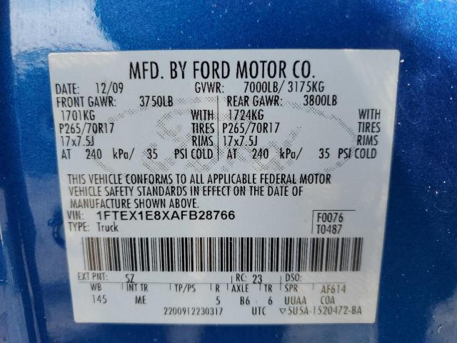 1FTEX1E8XAFB28766 - 2010 FORD F150 SUPER CAB BLUE photo 13