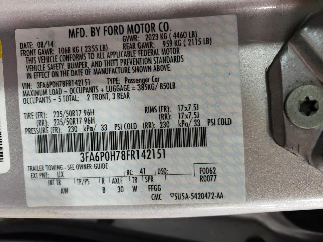 3FA6P0H78FR142151 - 2015 FORD FUSION SE SILVER photo 12