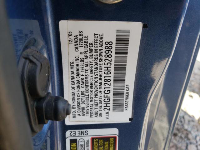 2HGFG12816H528988 - 2006 HONDA CIVIC EX BLUE photo 12