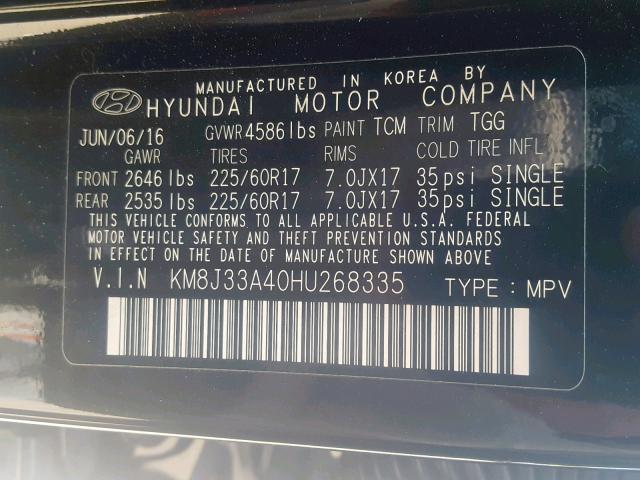 KM8J33A40HU268335 - 2017 HYUNDAI TUCSON LIMITED  photo 10