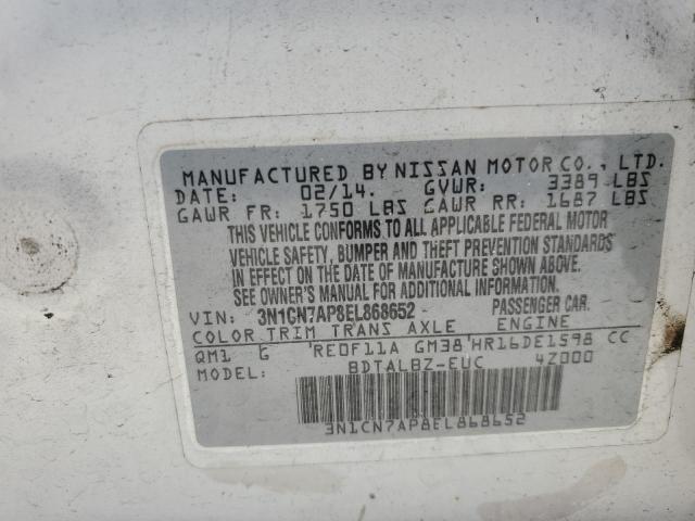 3N1CN7AP8EL868652 - 2014 NISSAN VERSA S WHITE photo 12