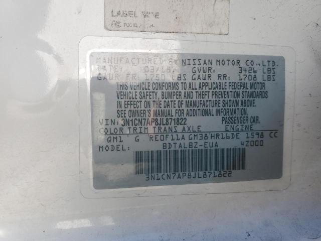 3N1CN7AP8JL871822 - 2018 NISSAN VERSA S WHITE photo 12