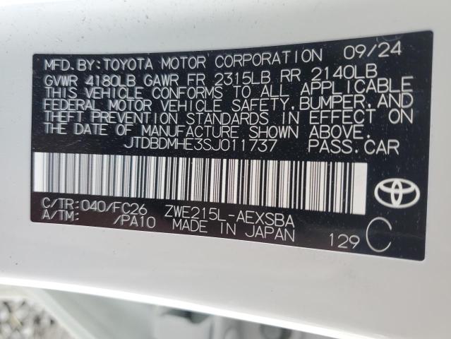 JTDBDMHE3SJ011737 - 2025 TOYOTA COROLLA LE WHITE photo 12