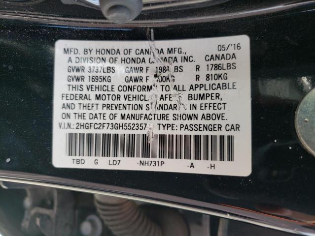 2HGFC2F73GH552357 - 2016 HONDA CIVIC EX BLACK photo 12