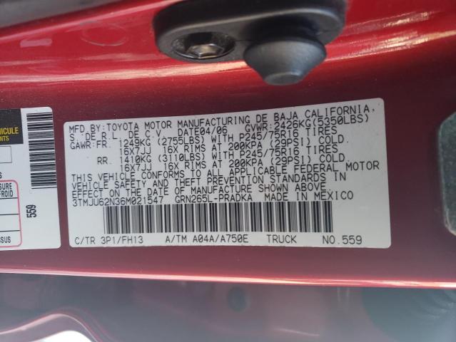 3TMJU62N36M021547 - 2006 TOYOTA TACOMA DOUBLE CAB PRERUNNER RED photo 12