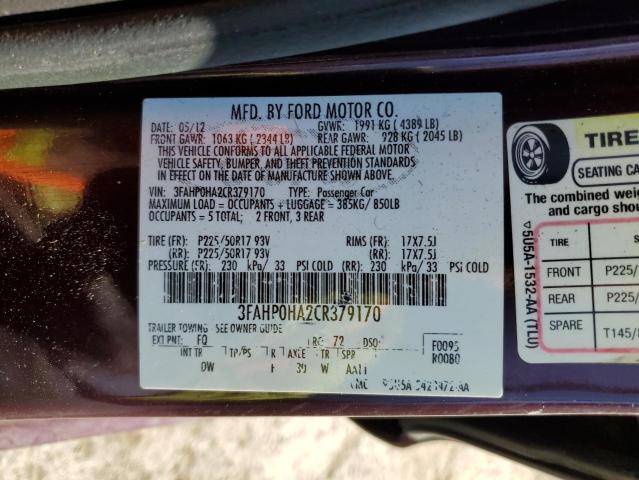 3FAHP0HA2CR379170 - 2012 FORD FUSION SE MAROON photo 12