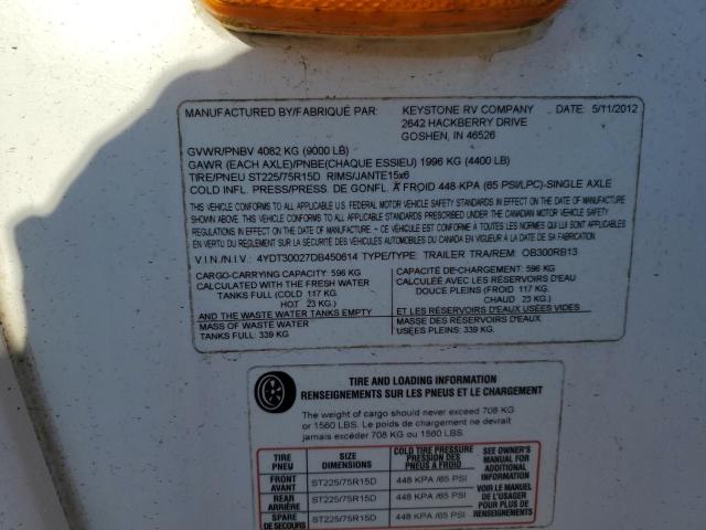 4YDT30027DB450614 - 2013 KEYSTONE OUTBACK WHITE photo 10