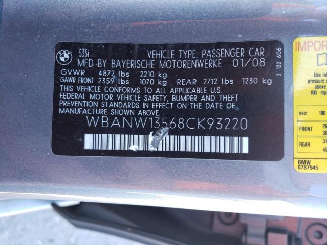 WBANW13568CK93220 - 2008 BMW 5 SERIES I ნაცრისფერი ფოტო 12
