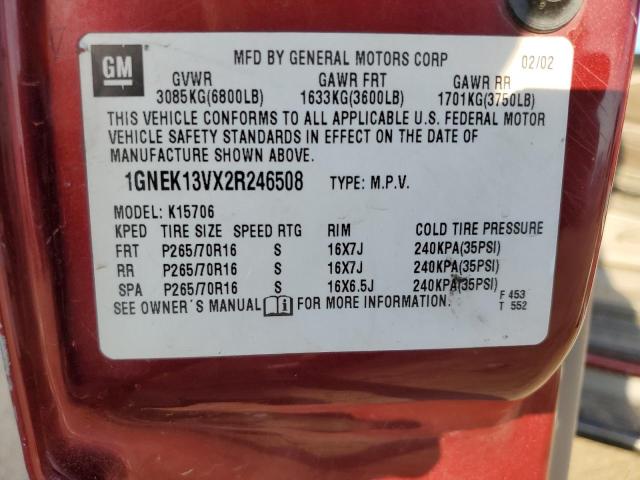 1GNEK13VX2R246508 - 2002 CHEVROLET TAHOE K1500 BURGUNDY photo 13