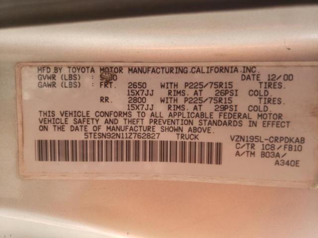 5TESN92N11Z762827 - 2001 TOYOTA TACOMA XTRACAB PRERUNNER 米色 照片 13