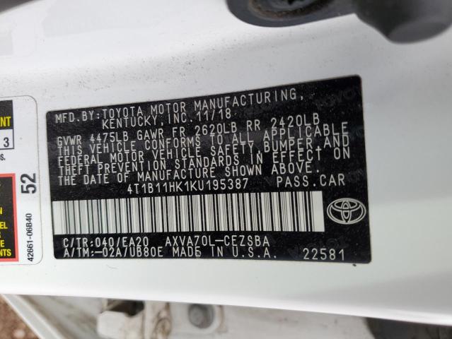 4T1B11HK1KU195387 - 2019 TOYOTA CAMRY L WHITE photo 12