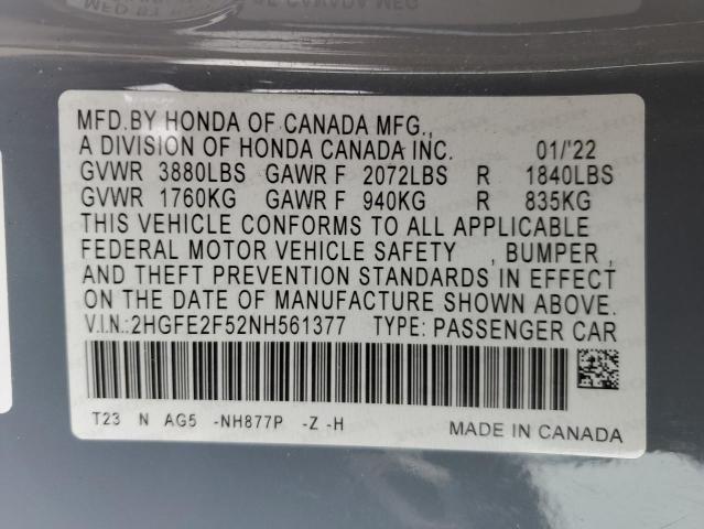 2HGFE2F52NH561377 - 2022 HONDA CIVIC SPORT 灰色 照片 12
