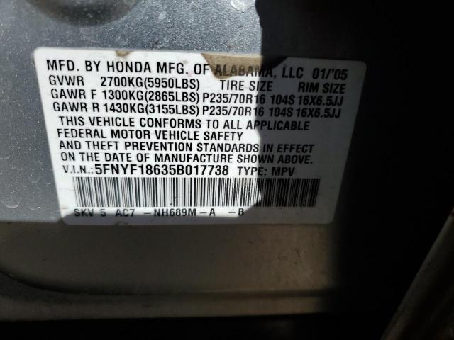 5FNYF18635B017738 - 2005 HONDA PILOT EXL SILVER photo 14