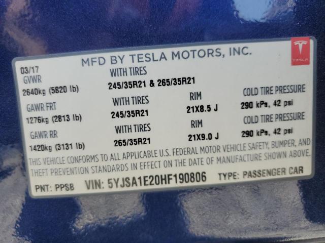 5YJSA1E20HF190806 - 2017 TESLA MODEL S 蓝色 照片 13