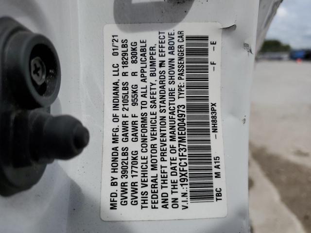 19XFC1F37ME004973 - 2021 HONDA CIVIC EX WHITE photo 13