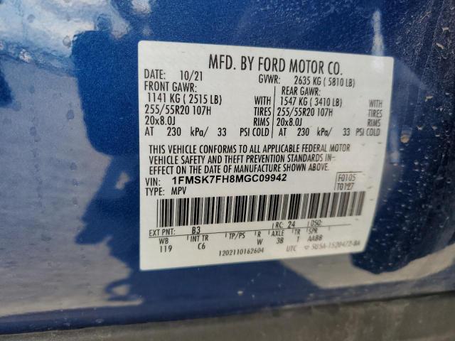 1FMSK7FH8MGC09942 - 2021 FORD EXPLORER LIMITED BLUE photo 12