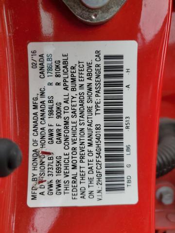 2HGFC2F54GH540183 - 2016 HONDA CIVIC LX RED photo 12