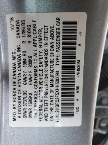 2HGFC2F5XHH500093 - 2017 HONDA CIVIC LX SILVER photo 12